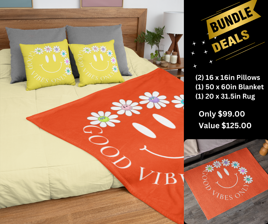 Good Vibes, Pillow, Blanket and Rug Bundle- Popular Smiley Face Design is perfect to brighten any room!