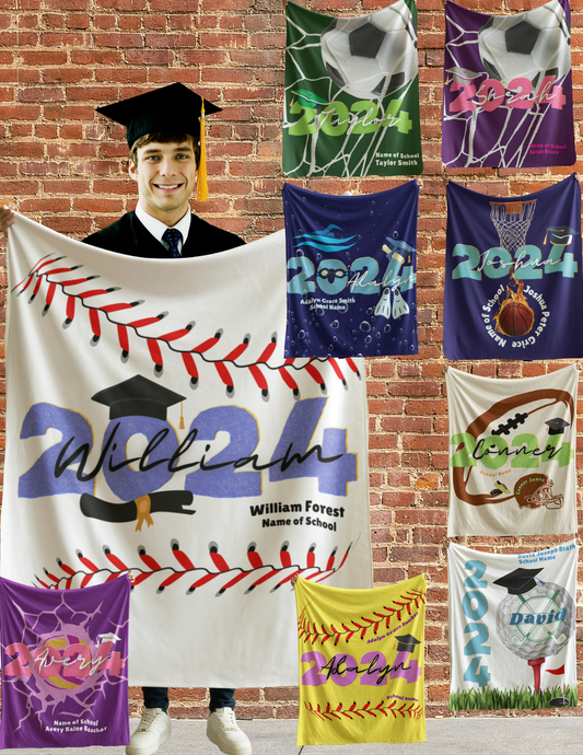 Personalized Sports Blanket- Baseball, Soccer, Basketball, Volleyball, Football and Swimming. These are great for Graduation gifts!