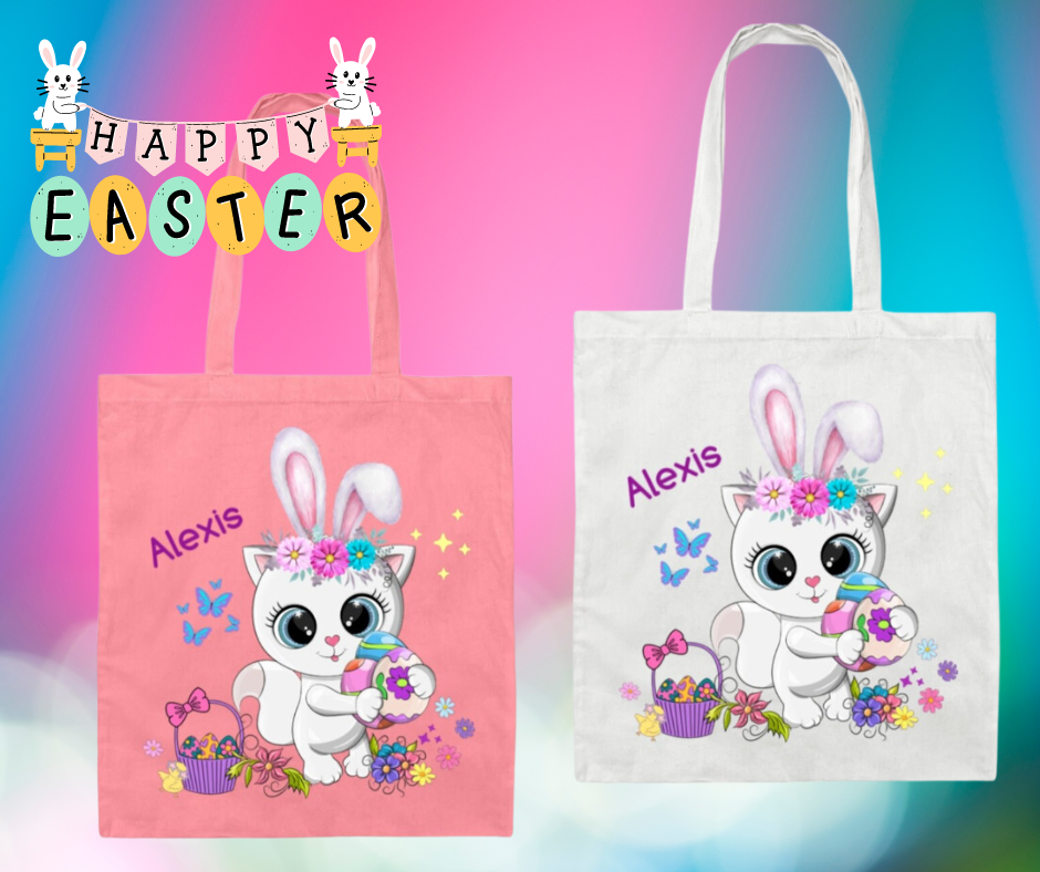 Personalized Easter Kitty Tote Bag- Easter Egg Ready