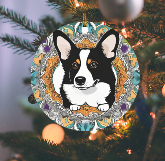 Black and white Corgi Mandala Circle Ornament