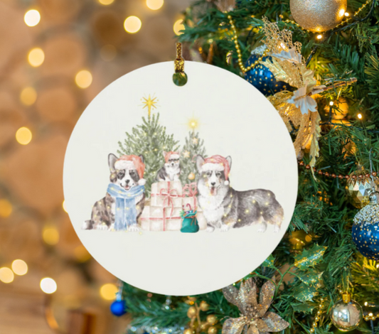 Black and White Corgi Circle Ornament- Featuring 3 adorable Corgis