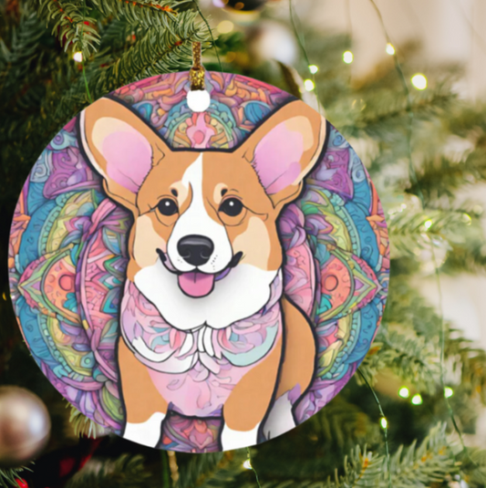 Corgi Mandala Style Circle Ornament