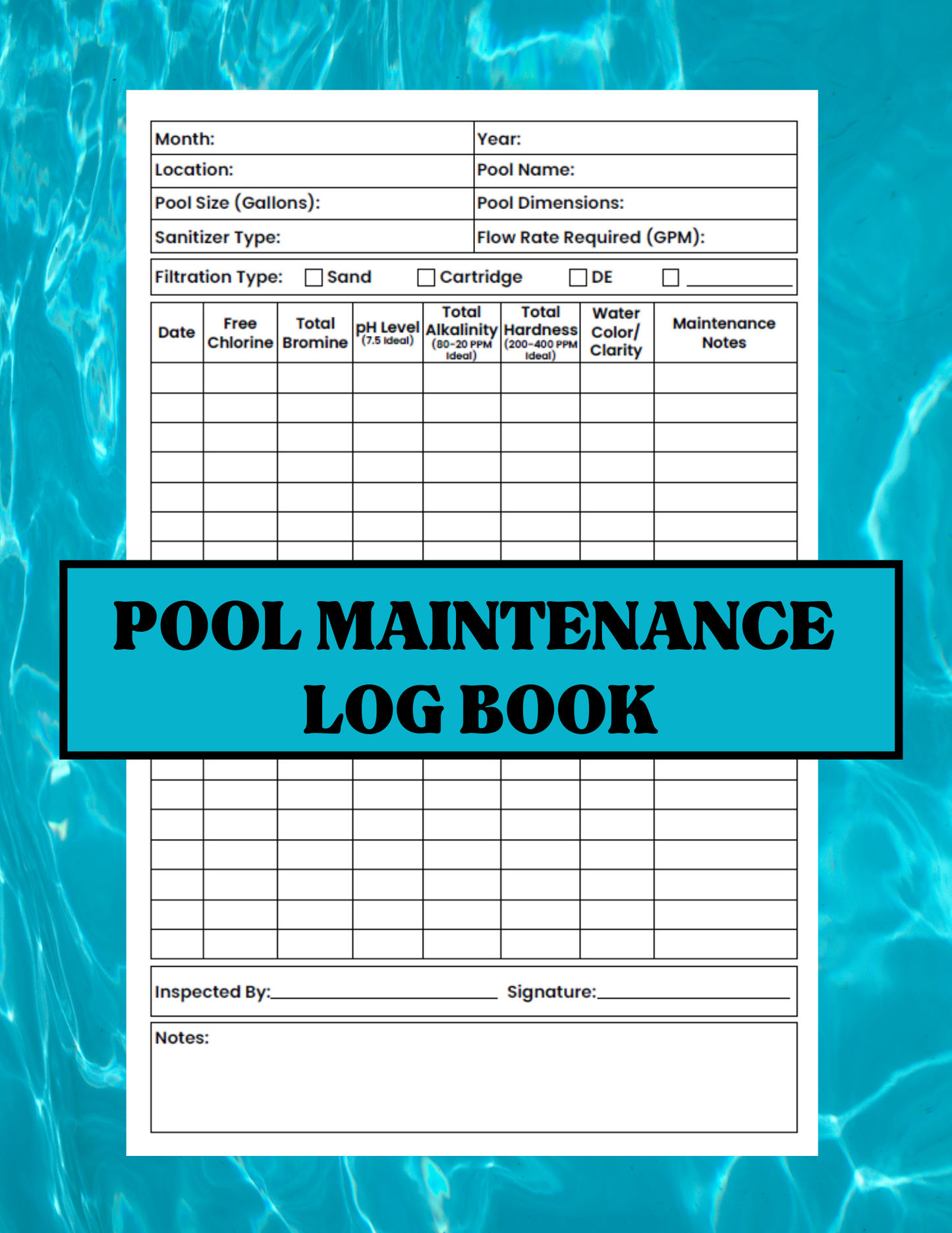 Pool Maintenance Log Book- Easy to Use to track chemicals and more