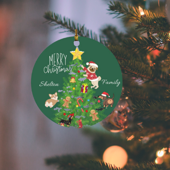 Customizable Circle Ornament featuring Merry Christmas & Dogs