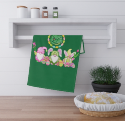 Easter Green Gnome Kitchen Towel that says Happy Easter