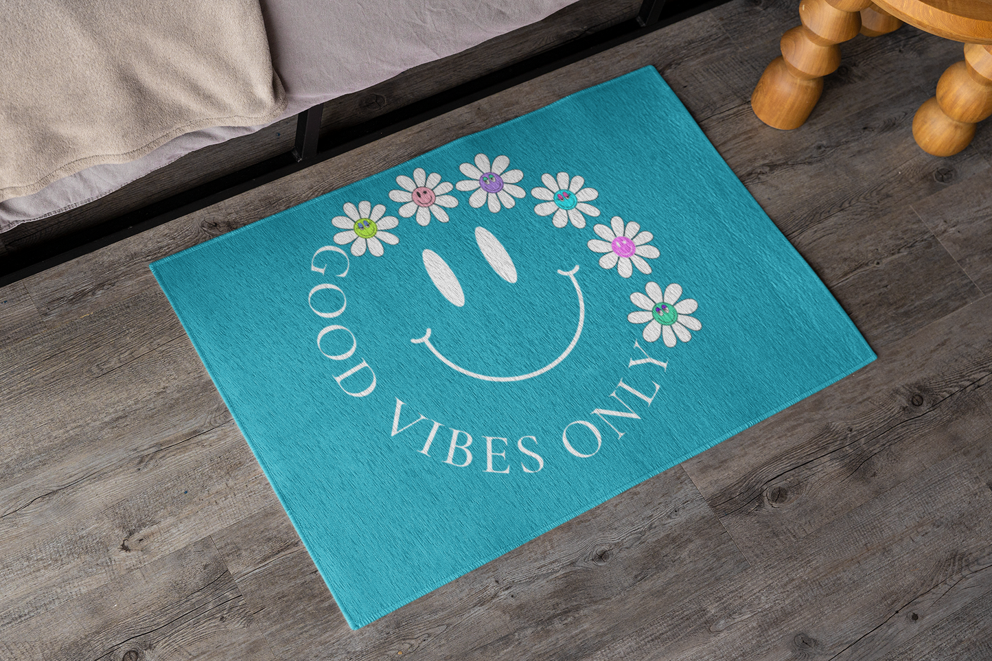 Good Vibes Only Indoor Doormat- Can be used as Bath Mat, Rug or Door Mat! Fun Smiley face design