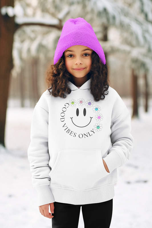 Preppy Aesthetic Good Vibes Only Kids Pullover Hoodie with Smiley faces and flowers