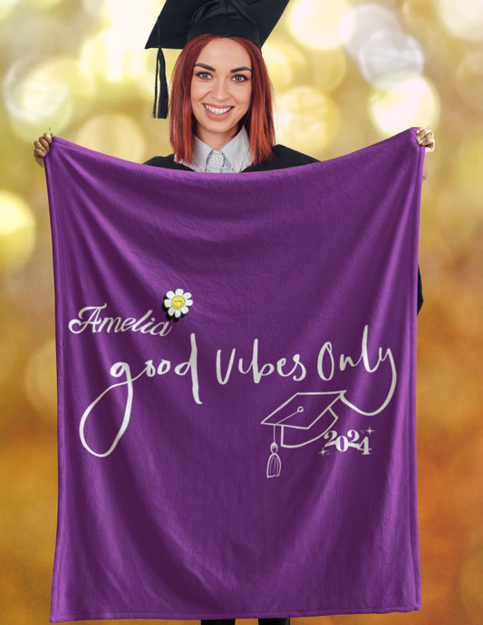 Personalized Graduation Plush Fleece Blanket - Good Vibes Only for your future graduate. Cute Flower on Blanket