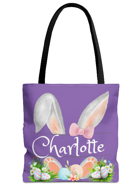 Personalized Lilac Easter Tote Bag in 2 sizes. Easter Egg Hunting & carry all your Easter swag