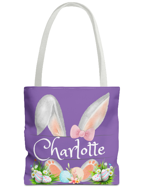 Personalized Lilac Easter Tote Bag in 2 sizes. Easter Egg Hunting & carry all your Easter swag