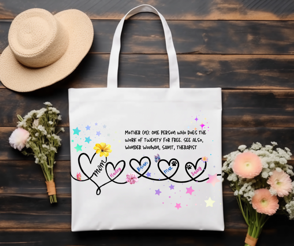 Personalized Mom Tote Bag - Custom Name Tote for Mom with Kids & Pets- Mom is a Noun