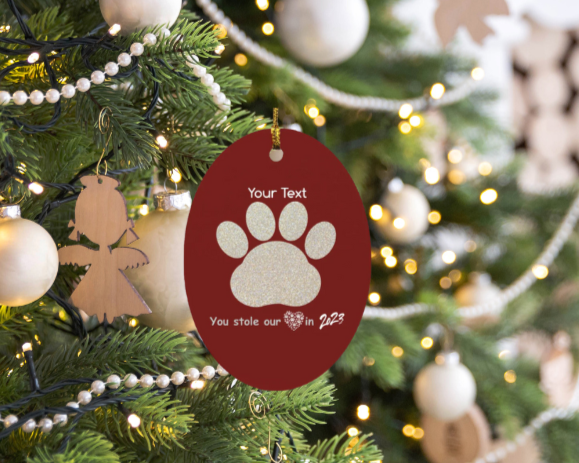 Glittery Paw Print in an Oval Christmas Ornament- FREE PERSONALIZATION