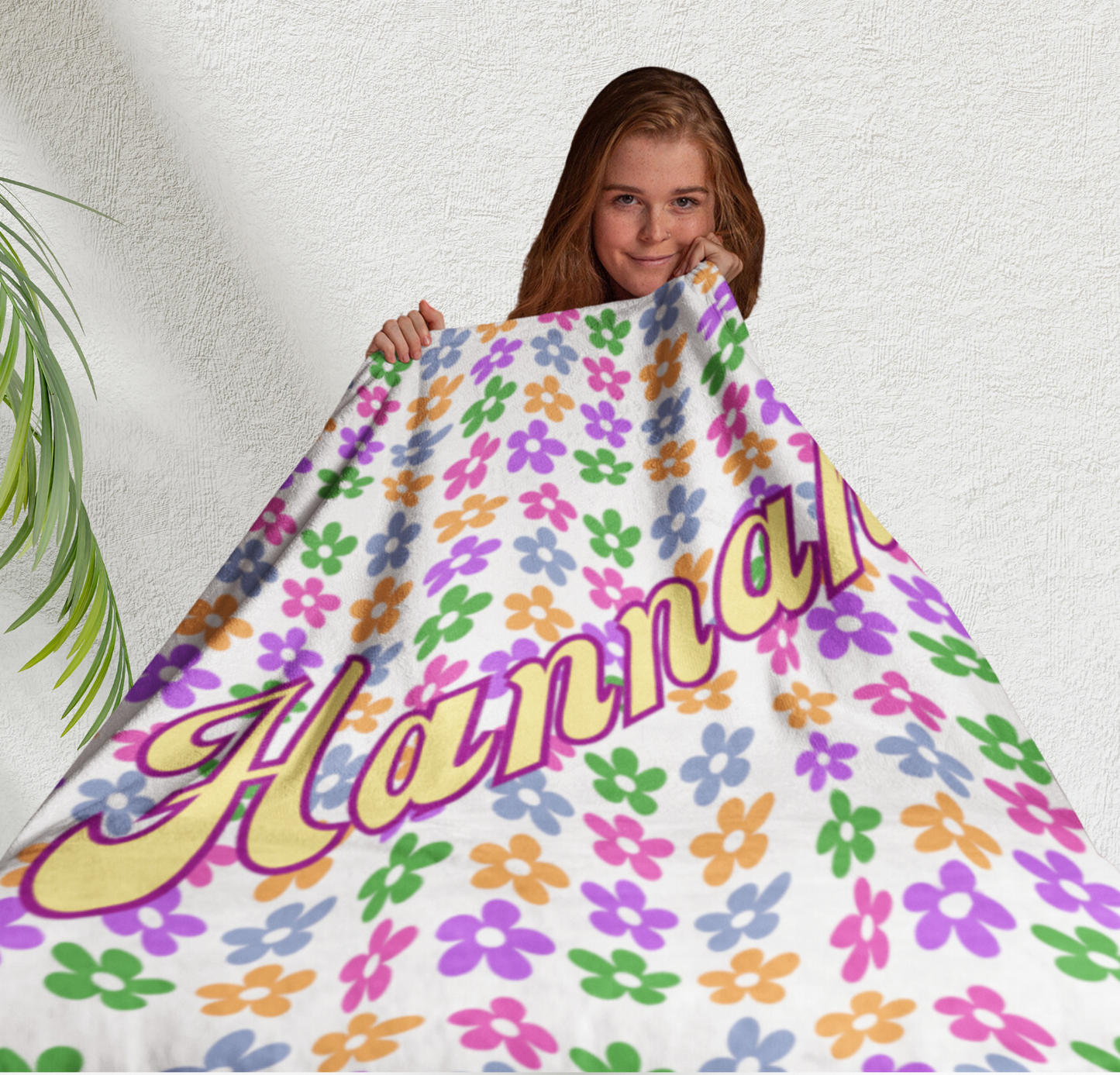 Personalized Preppy Aesthetic Super Soft Plush Fleece Throw with cute flowers