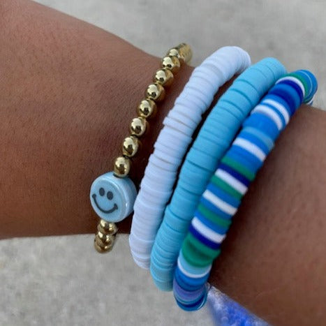 Blue & White Clay Bead Smiley Face Bracelets- Set of 4